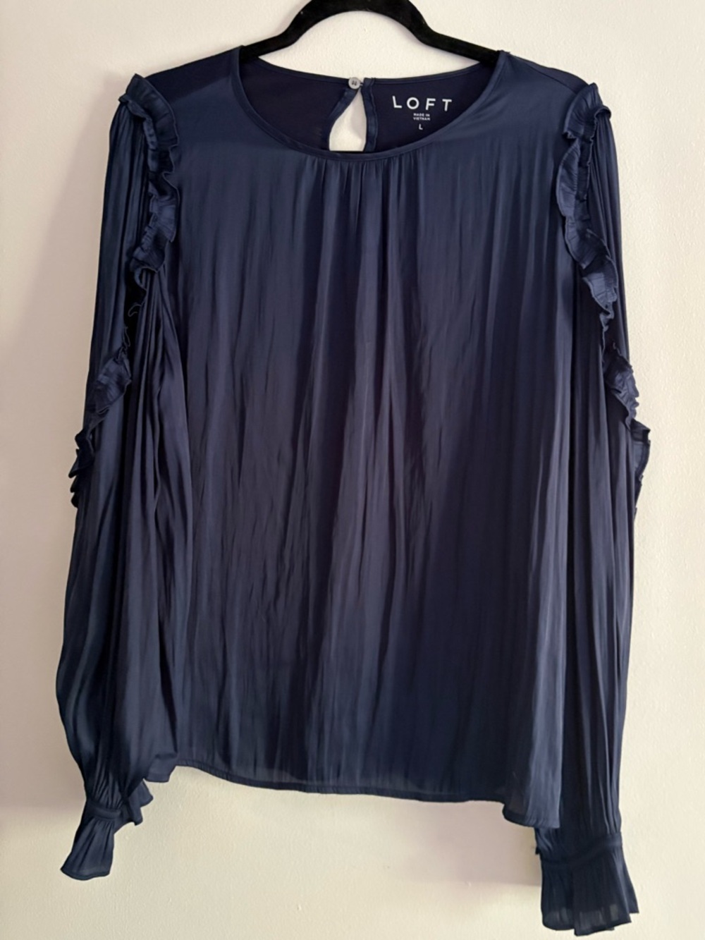 LOFT Navy Ruffle-Trim Long Sleeve Blouse